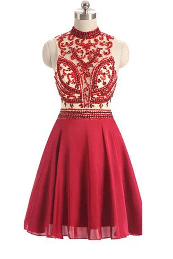 new High Neck open-back Beaded Sexy Short Red Keyhole Back Homecoming Dress OK277