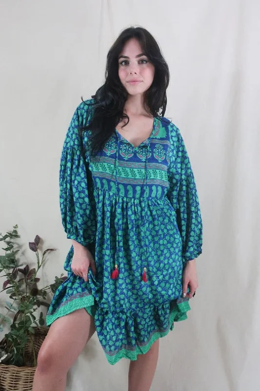 Poppy Mini Smock Dress - Vintage Sari - Seafoam & Sapphire Leaves - XS