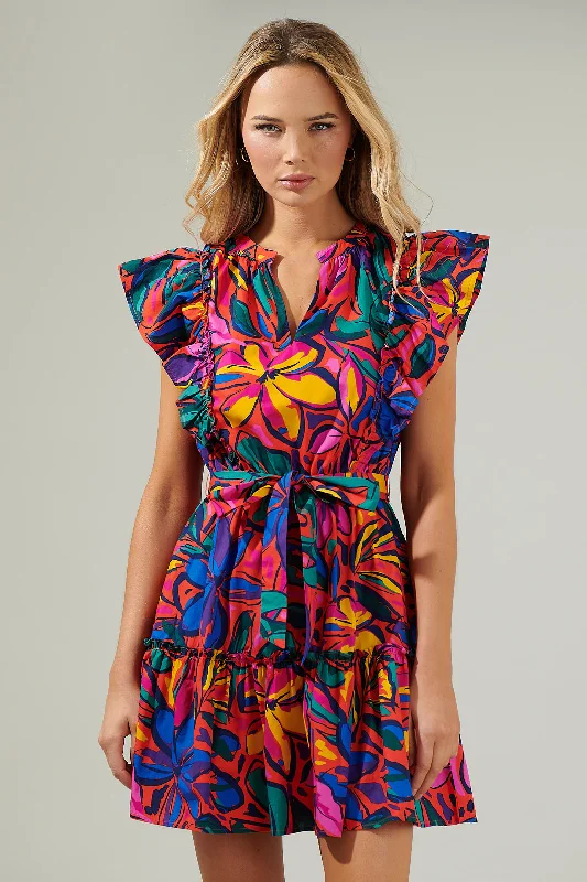 Rainbow Tropics Floral Ruffle Mini Dress