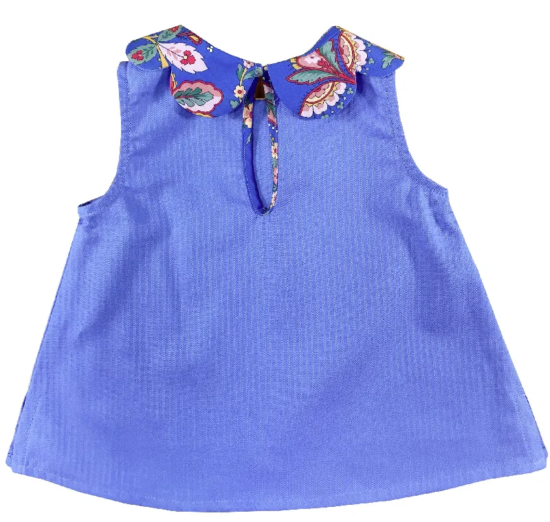 Royal blue Exotic Floral Print Scallop Petal Collar Sleeveless Blouse