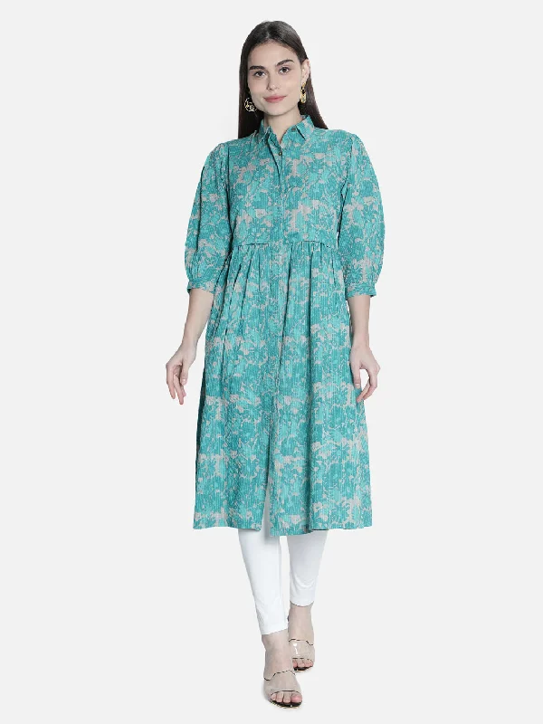 Women Printed Green Long Dress