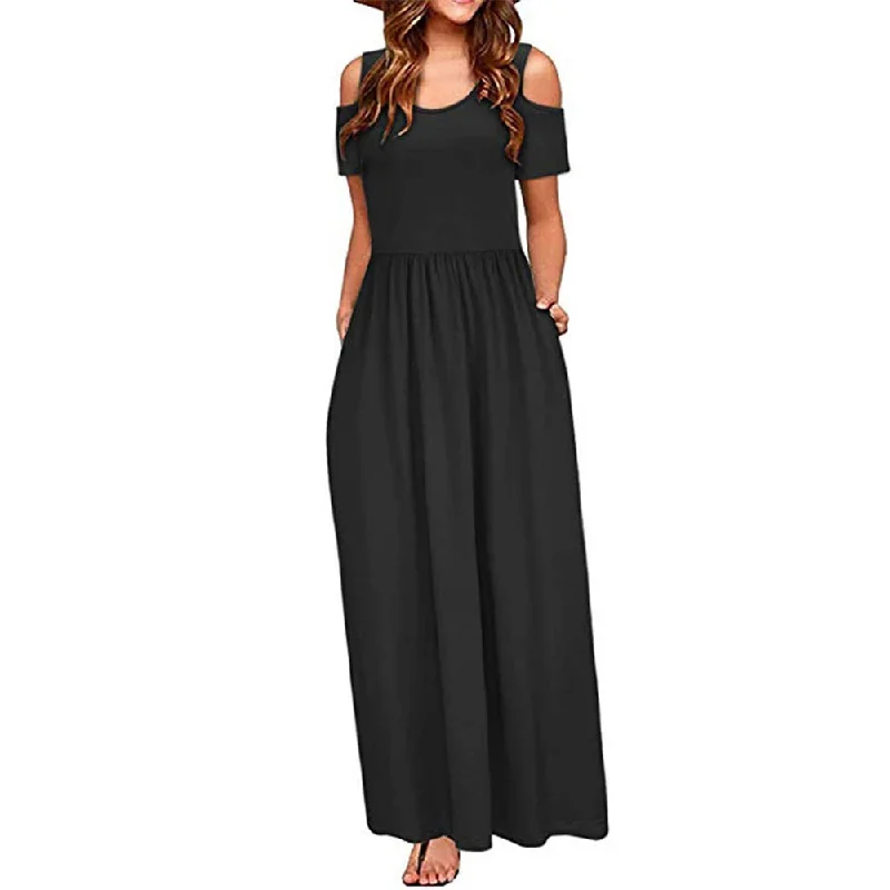 Short Sleeve Black Long Solid Casual High Waist Sexy Slim Fit Summer Dress