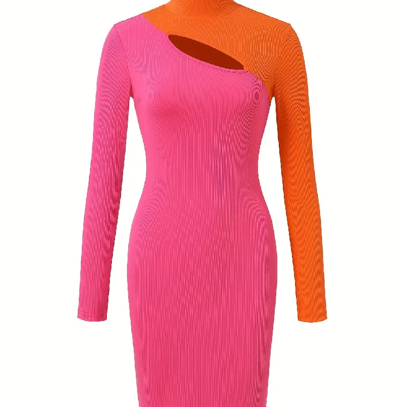 Sixsr Cut Out Color Block Dress, Casual Stand Collar Long Sleeve Bodycon Dress, Women's Clothing