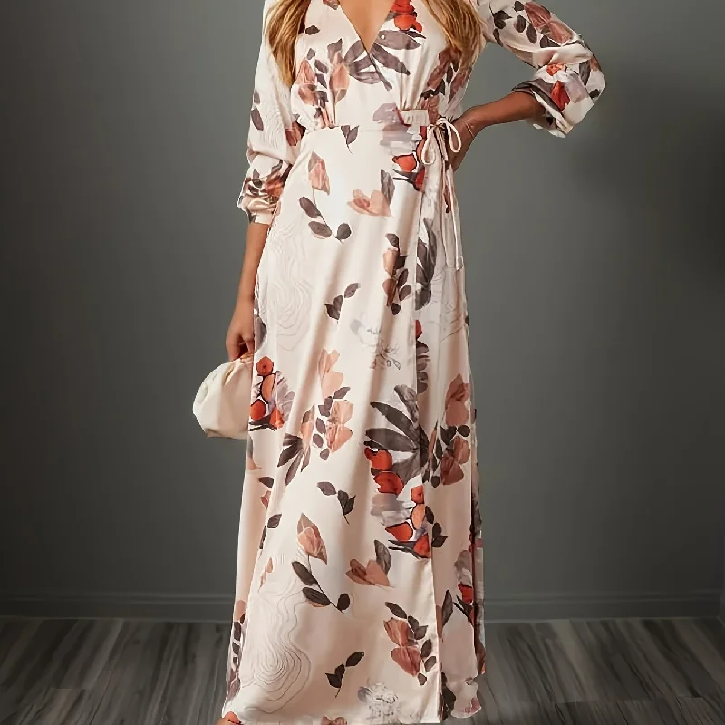 Sixsr Floral Print Maxi Dress, Elegant Surplice Neck Long Sleeve Dress, Women's Clothing