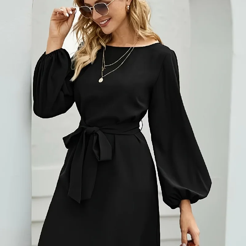 Sixsr Solid Belted Long Sleeve Dress, Casual Every Day Dress For Fall & Spring, Women's Clothing