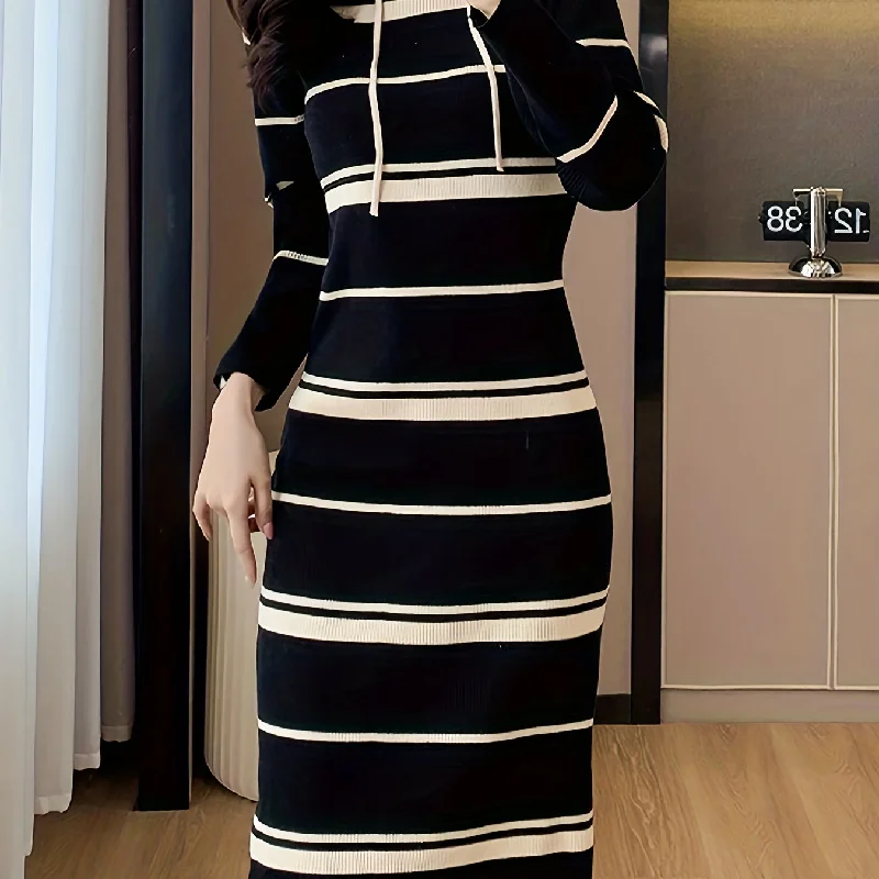 Sixsr Striped Pattern Drawstring Dress, Casual Hooded Bodycon Midi Dress, Women's Clothing