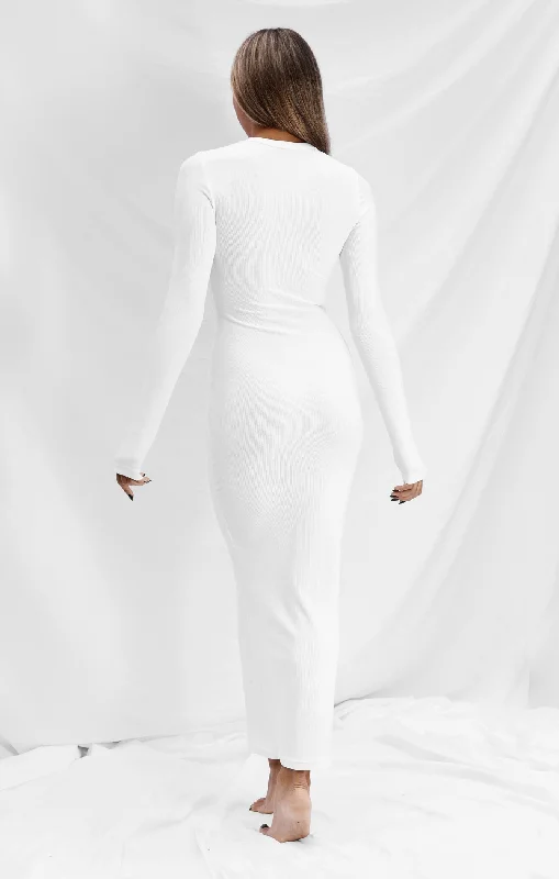 THE LUXE RIB L/S MIDI DRESS - WHITE