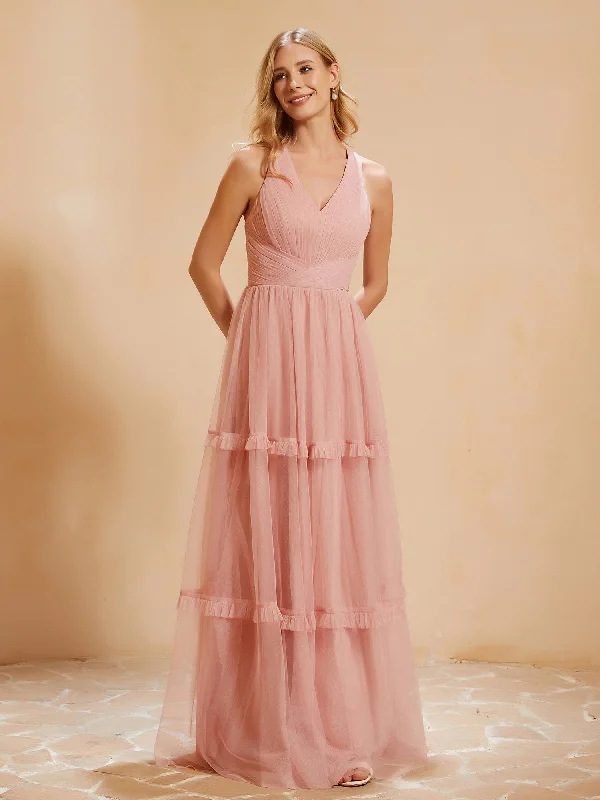 V-neck Pleated Ruffle Floor-length Tulle Dress Dusty Rose