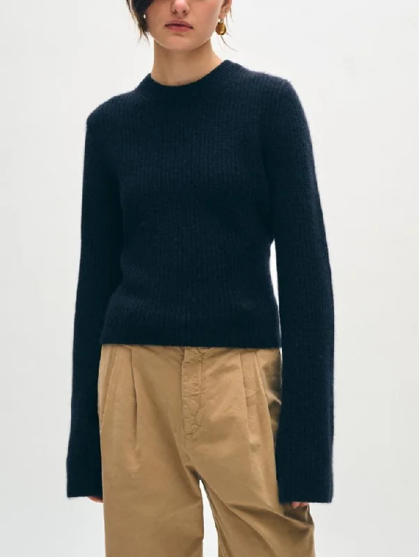 White + Warren Cashmere Fluted Sleeve Sweater in Deep Navy