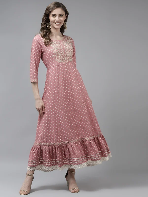 Women's Pink Embroidery Work Flared Dress - Yufta