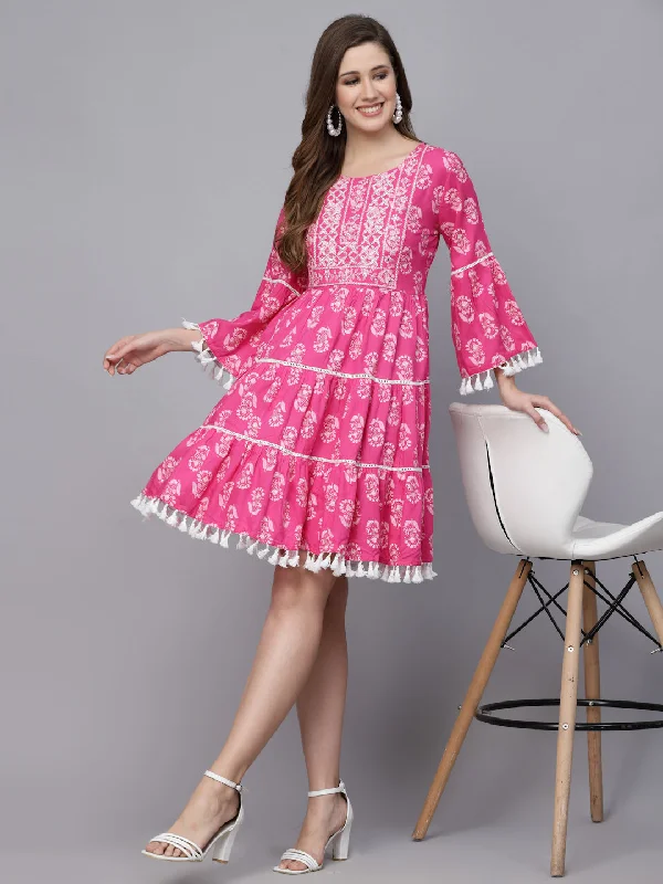 Floral Printed Rayon Flared Dress