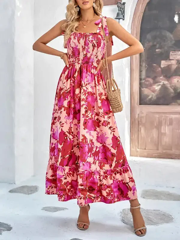 Women’s Casual Printed Waist Sleeveless Strappy Long Dress