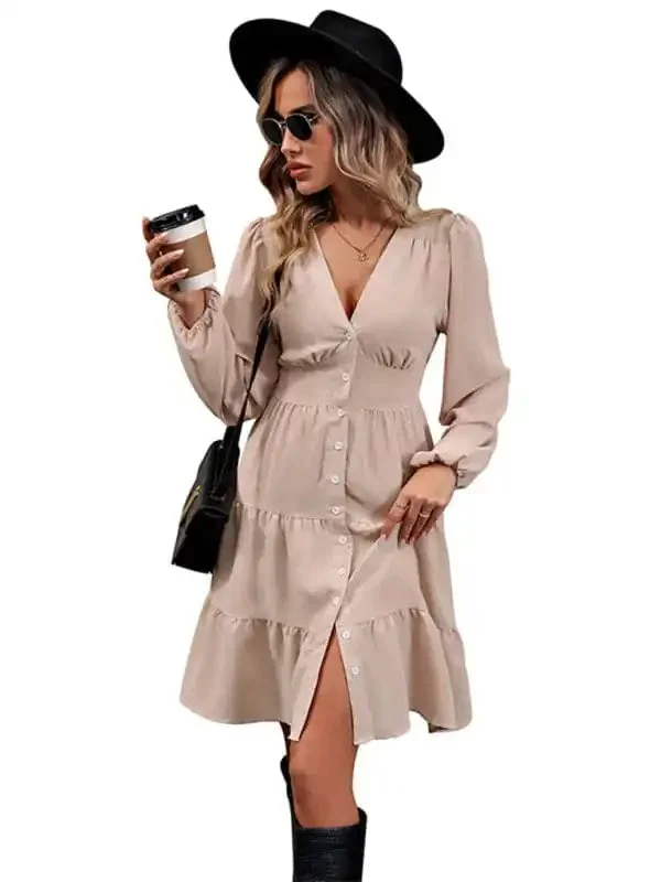 Women’s new solid color long-sleeved V-neck button-down dress