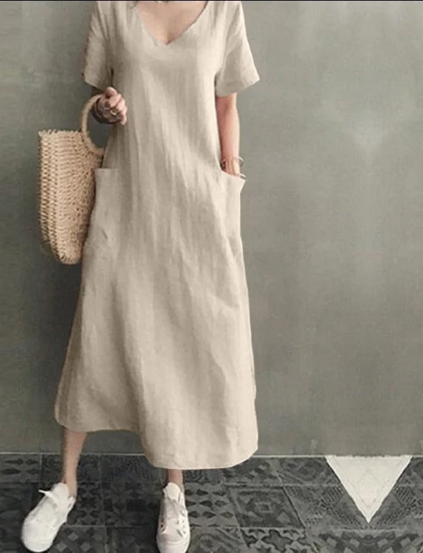 Women Long Maxi Summer Dress Casual Cotton Linen  Ladies Big Pockets Beach Party Robe Femme Vestidos Plus Size 5XL