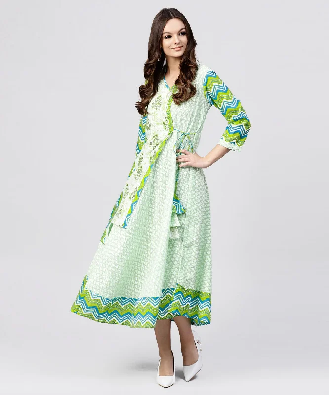 Women's Green Printed Cotton Angrakha Style Dress With  Madarin Collar Emblished With Tassels - Nayo Clothing