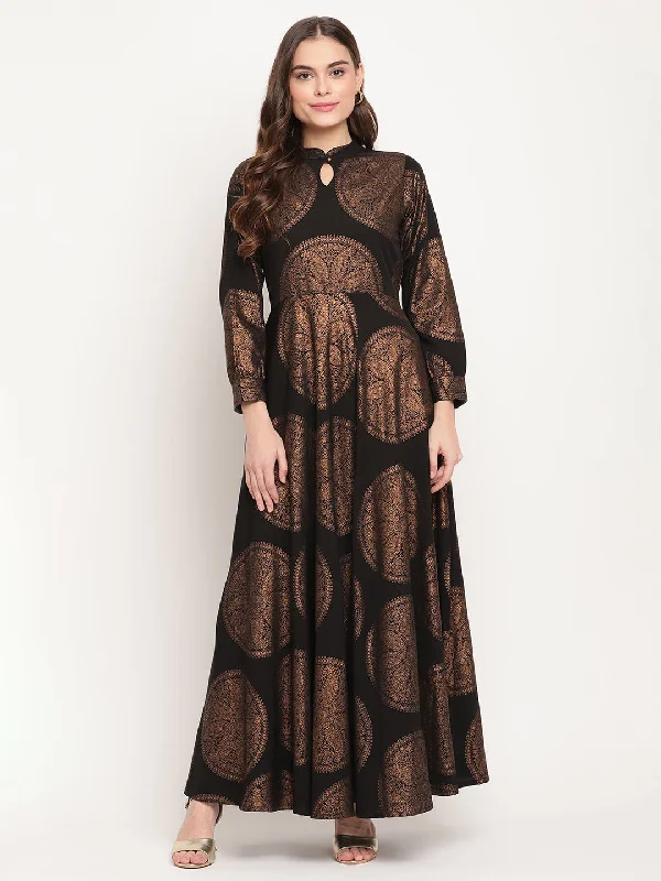 Women's Black Crepe Copper Foil Print Dress- Ahalyaa