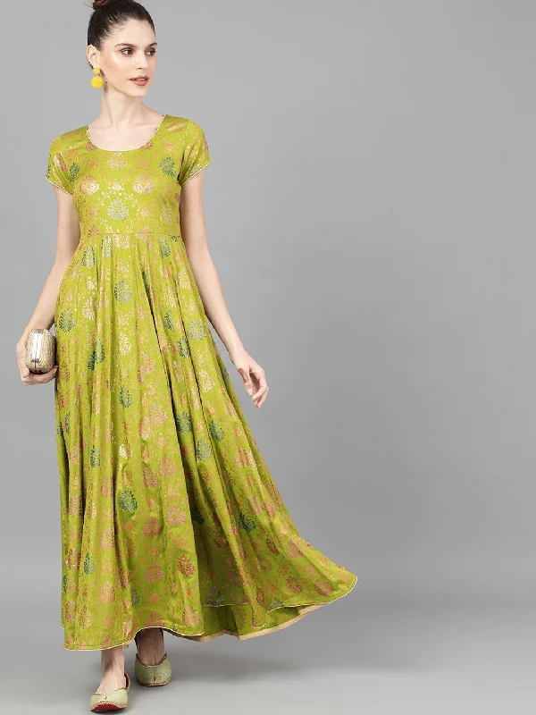 Women's  Green Printed Ethnic Maxi Dress - AKS