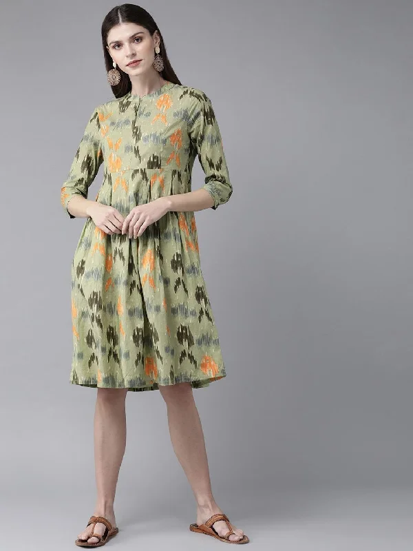 Women's  Green & Orange Printed A-Line Dress - AKS