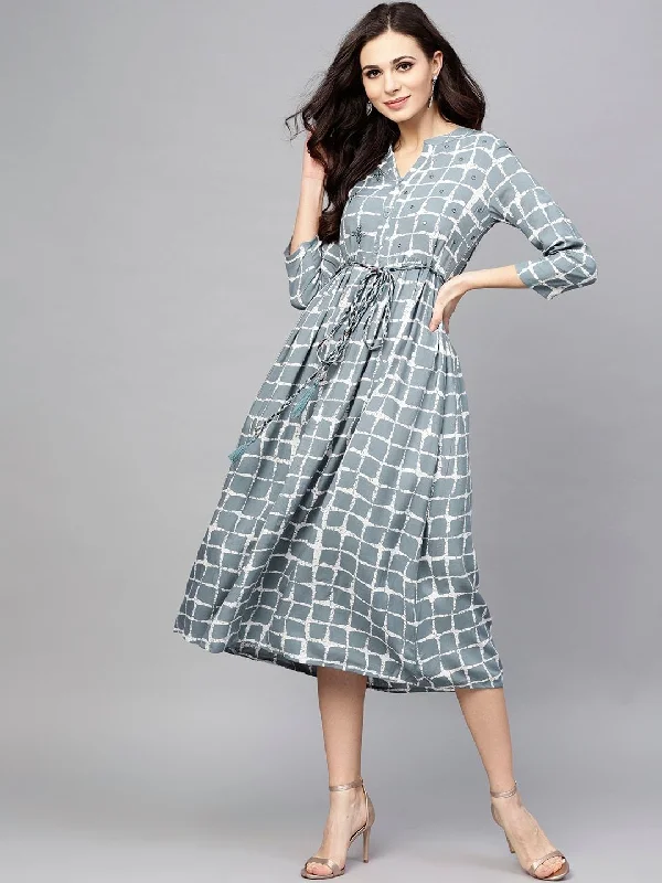 Women's  Grey Checked Midi Fit & Flare Dress - AKS