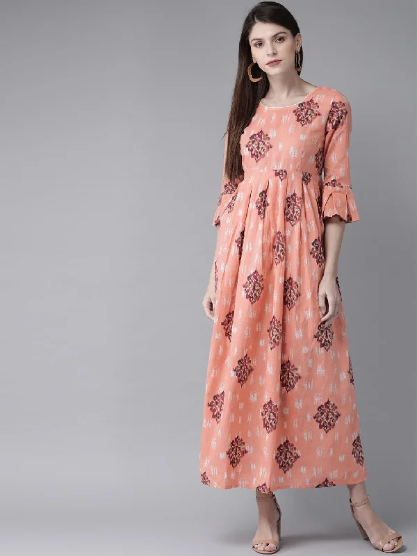 Women's  Peach-Coloured & Purple Printed Maxi Dress - AKS