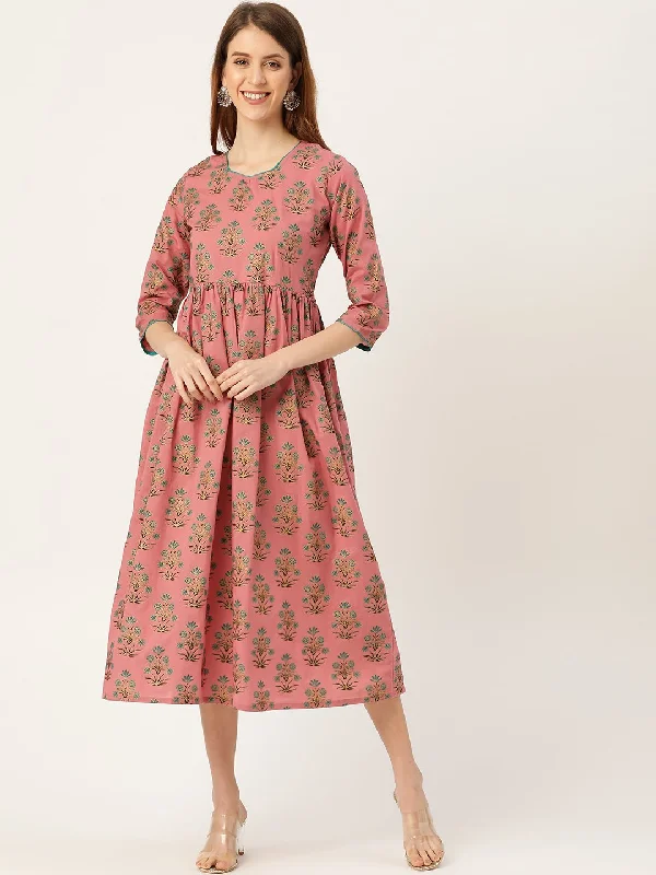 Women's Pink Ethnic Motifs Printed Square Neck Cotton Maxi Dress - Nayo Clothing