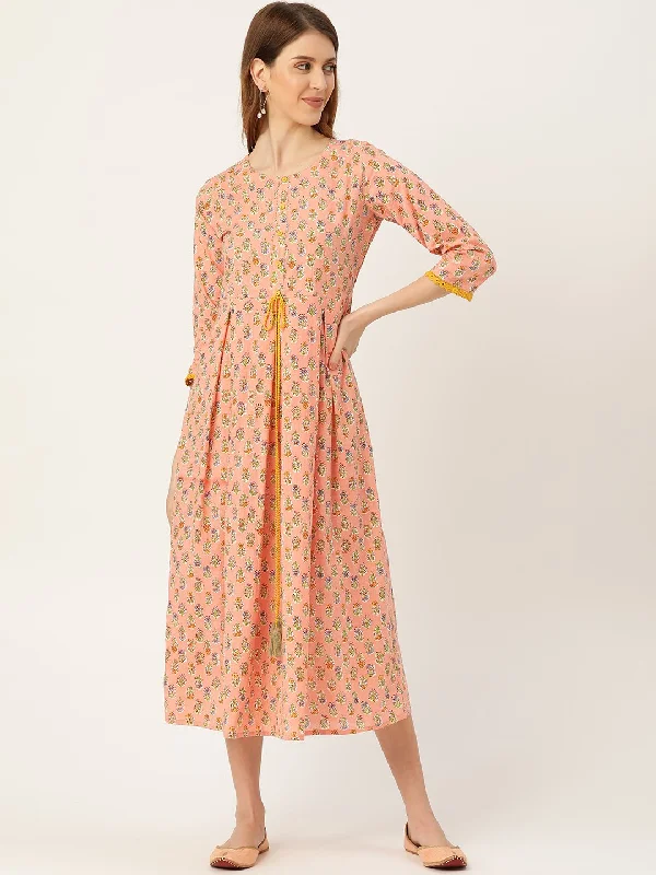 Women's Peach Ethnic Motifs Printed Round Neck Cotton Maxi Dress - Nayo Clothing