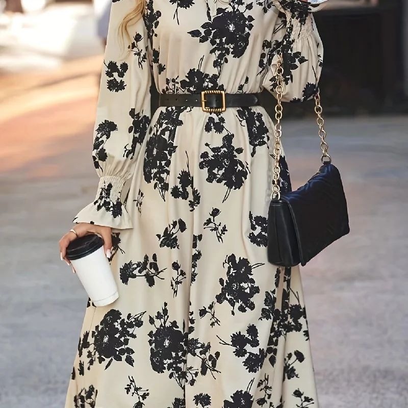 Floral Print Tie Front Dress, Elegant Cinched Waist Long Sleeve Dress, Women's Clothing