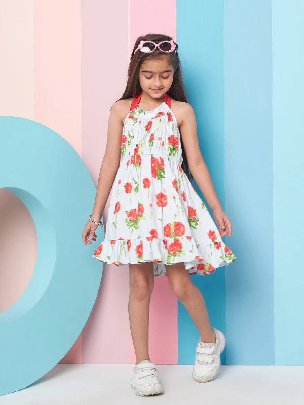 Girls Floral Printed Halter Neck Cotton A-Line Dress - PS Peaches