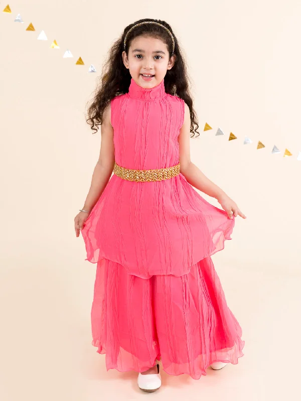 Girls Coral Panelled Kurti With Palazzos - Ps Peaches