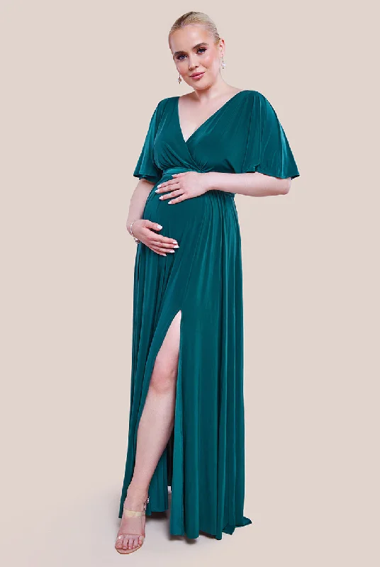 Goddiva Maternity Wrap Front Maxi With Flutter Sleeves - Emerald Green