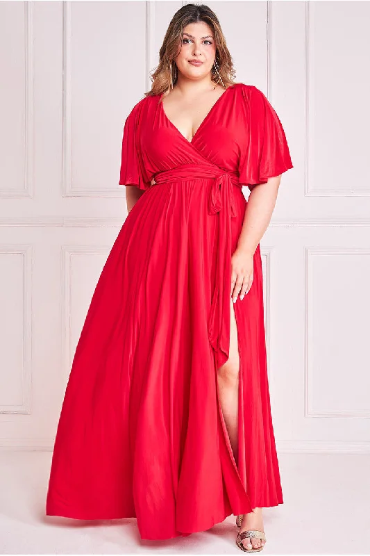 Goddiva Plus Wrap Front Maxi With Flutter Sleeves - Red