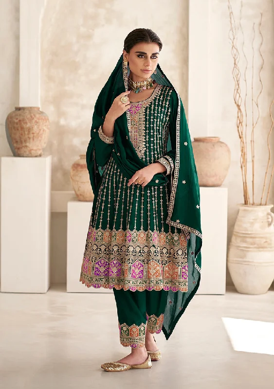 Women's Green Color Chinon Silk Embroidered Designer Dress - Monjolika