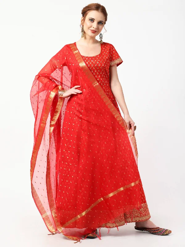 Women's Red Cotton Hand Block Print Long Dress With Silk Dupatta Set  - Cheera