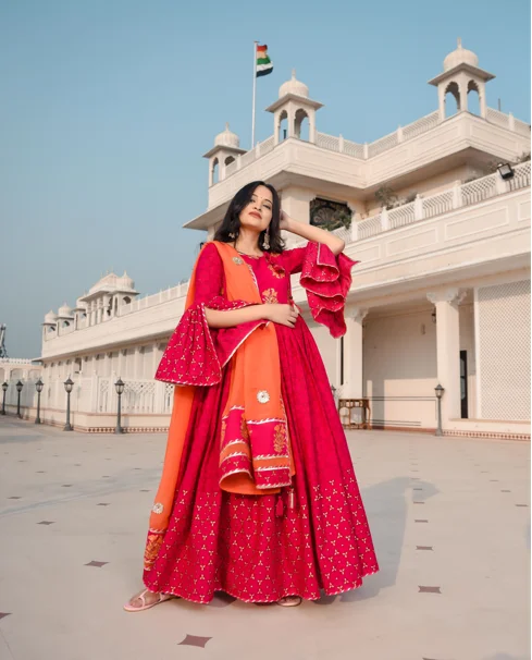 Women's Pink Flary Dress with butterfly Sleeves and Contrast Dupatta - Indian Virasat