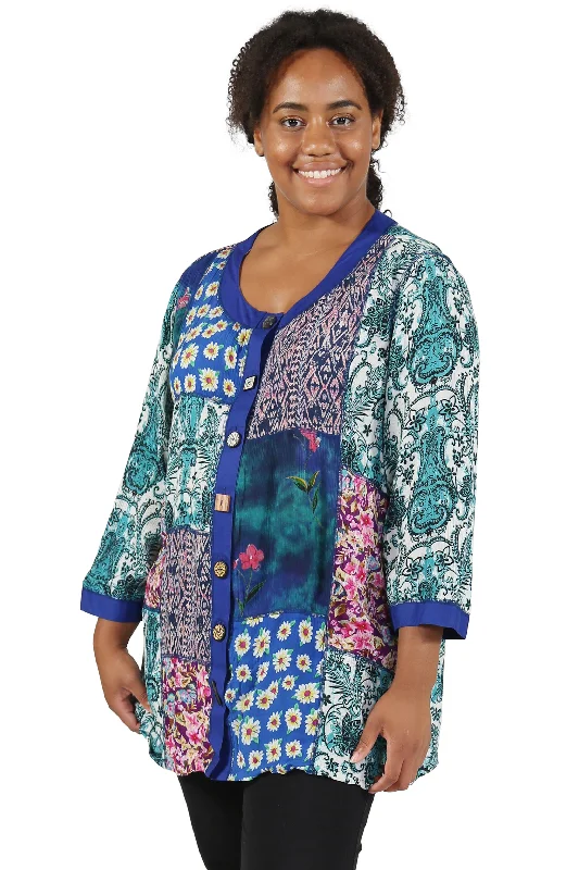 Plus Size La Cera Blue Multi Patchwork Top