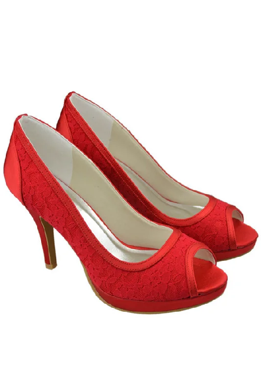 Red Lace High Heel Peep Toe High Quality Wedding Shoes S109