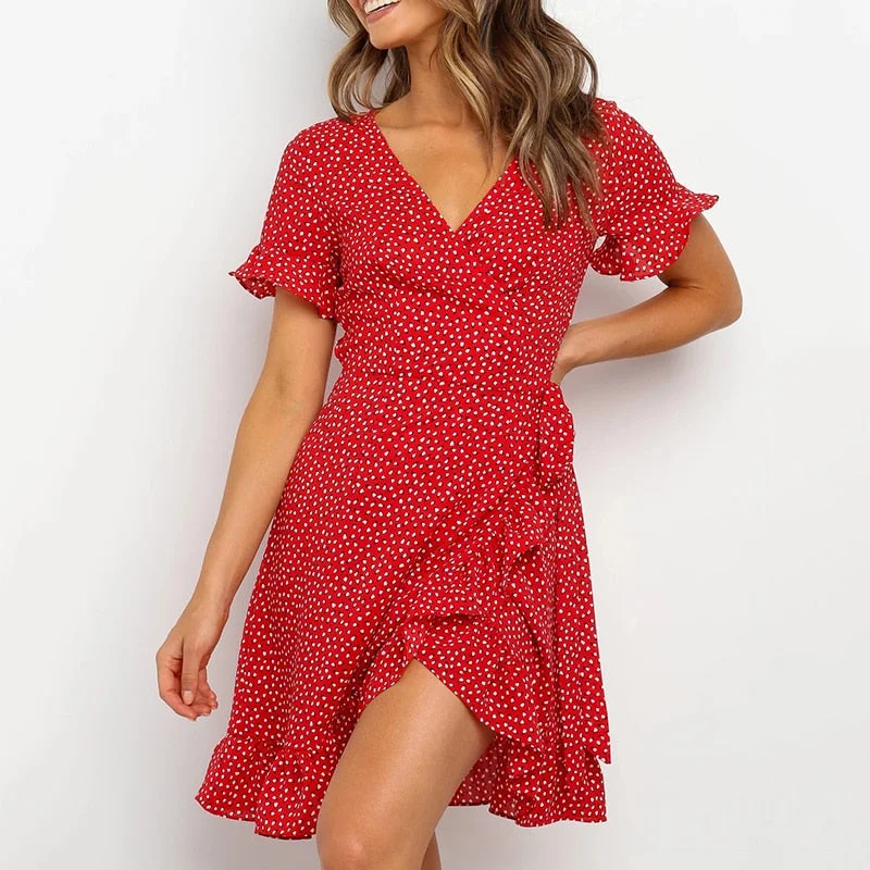 Red Sexy V Neck Floral Print Self Tie Wrap Dress Mini Dress Women Boho Ruffle Hem Flare Sleeve Summer Mini Dresses Vestidos