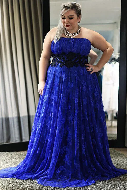 Royal Blue Lace Strapless A-Line Long Plus Size Prom Dresses OK664