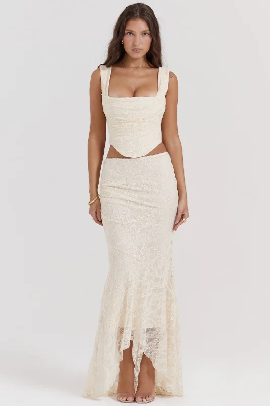 Hire HOUSE OF CB Set Therese Vintage Cream Lace Maxi Skirt and Una Corset Top in Cream