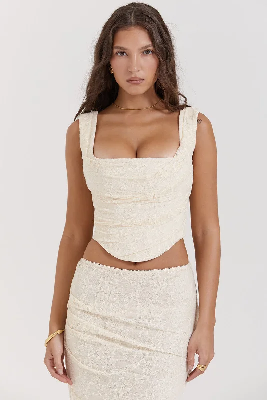 Hire HOUSE OF CB Set Therese Vintage Cream Lace Maxi Skirt and Una Corset Top in Cream