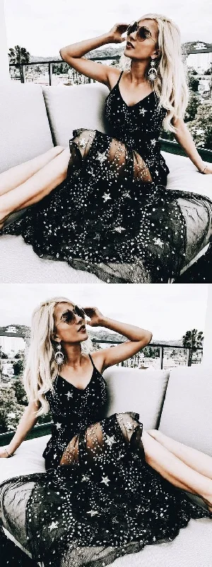 Sexy Sparkly Black Spaghetti Straps A Line Star Long Prom Dresses OKG9