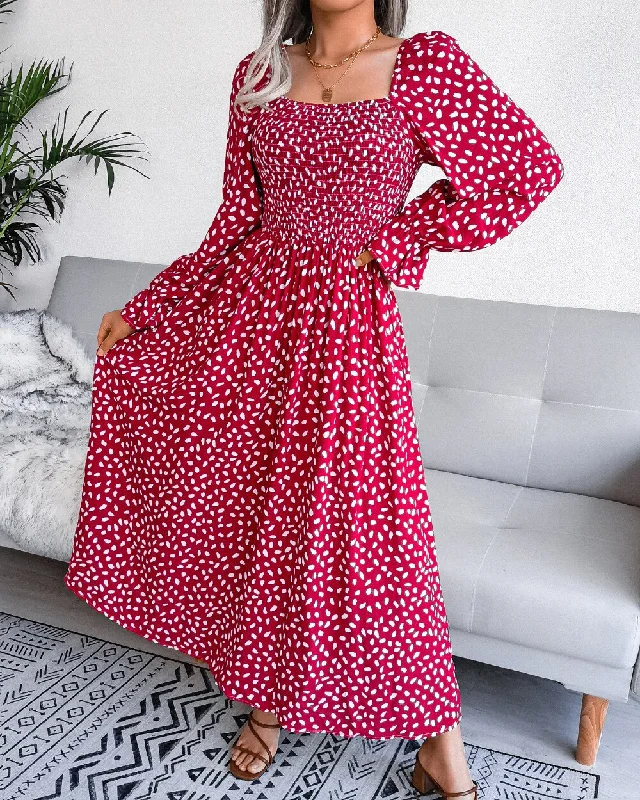 Sixsr Fashion New Print Square Collar Chiffon Dress Women Elegant Pleated Loose Dress Women Puff Sleeve Party Dresses for Women Robes 18123