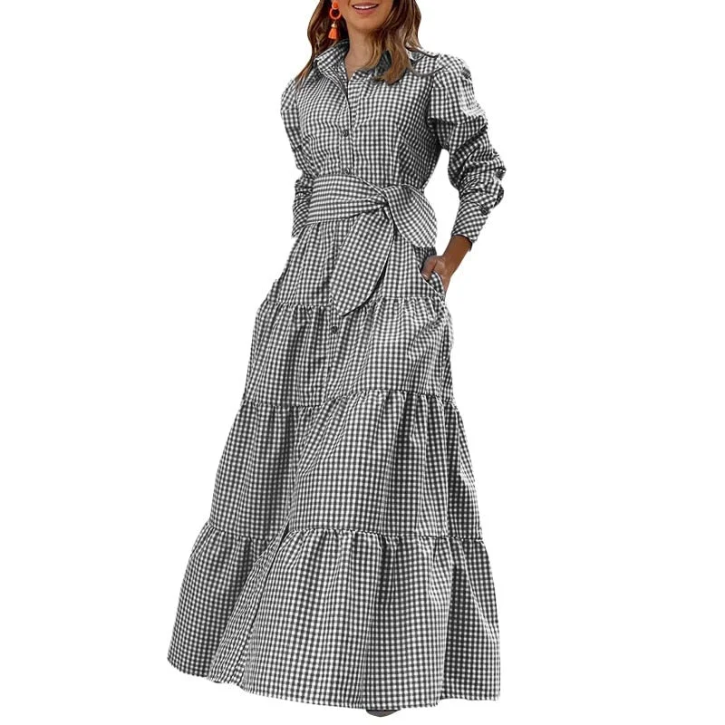 Sixsr Spring Shirt Dress Women Long Sleeve Party Dresses Casual Lapel Button Vintage Belted Pockets Sundress Plaid Printed Robes