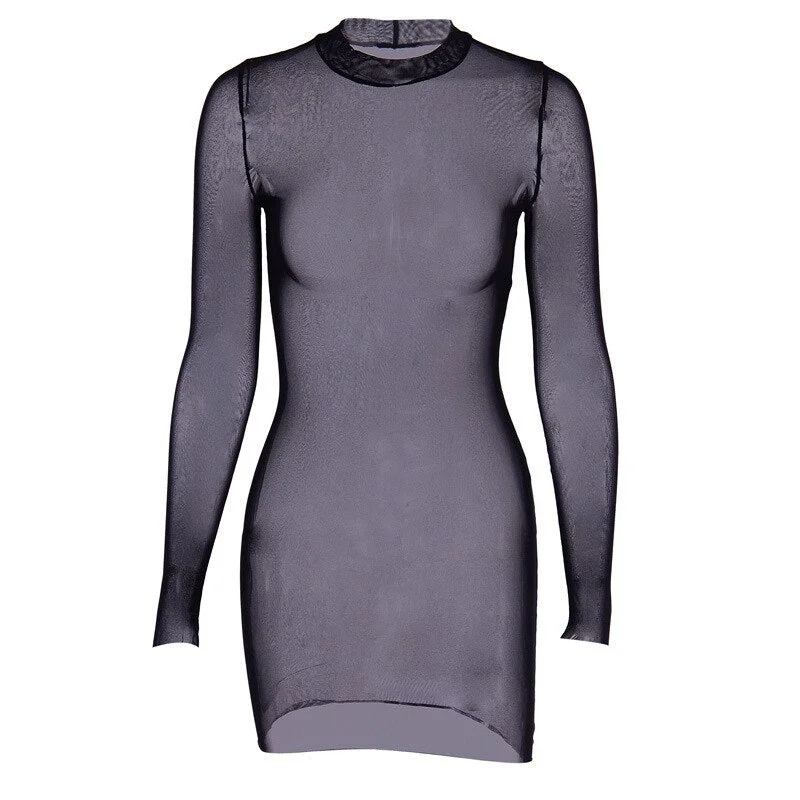 sixsr Summer Outfits  Fashion Trends Sexy Women Dress Mesh See-through Long Sleeves Dress Slim Tight Backless Dress Party Clubwear Female Mini Dresses Black