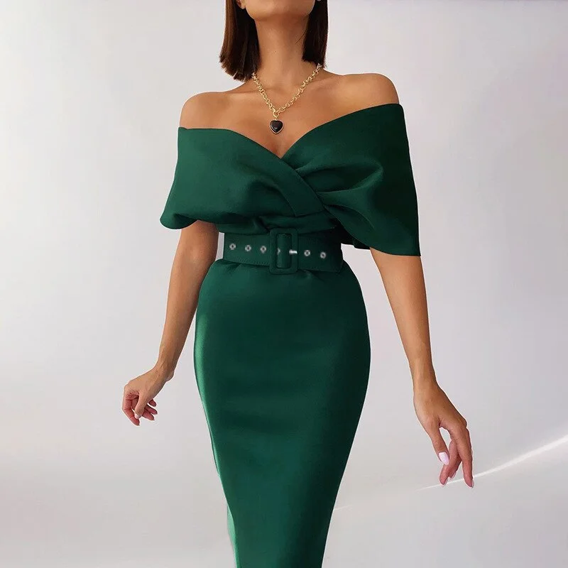 sixsr Women Sexy Elegant Off The Shoulder Dresses Autumn Summer Vintage Streetwear Club Party Female V-Neck Dress With A Belt