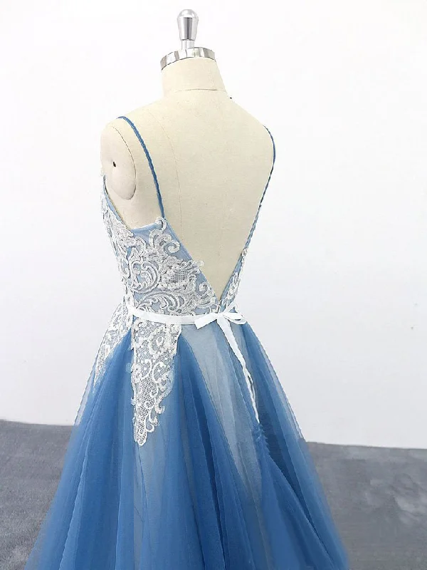 Spaghetti Straps A-line Party Dress Appliques Blue Tulle Prom Dress OKS13