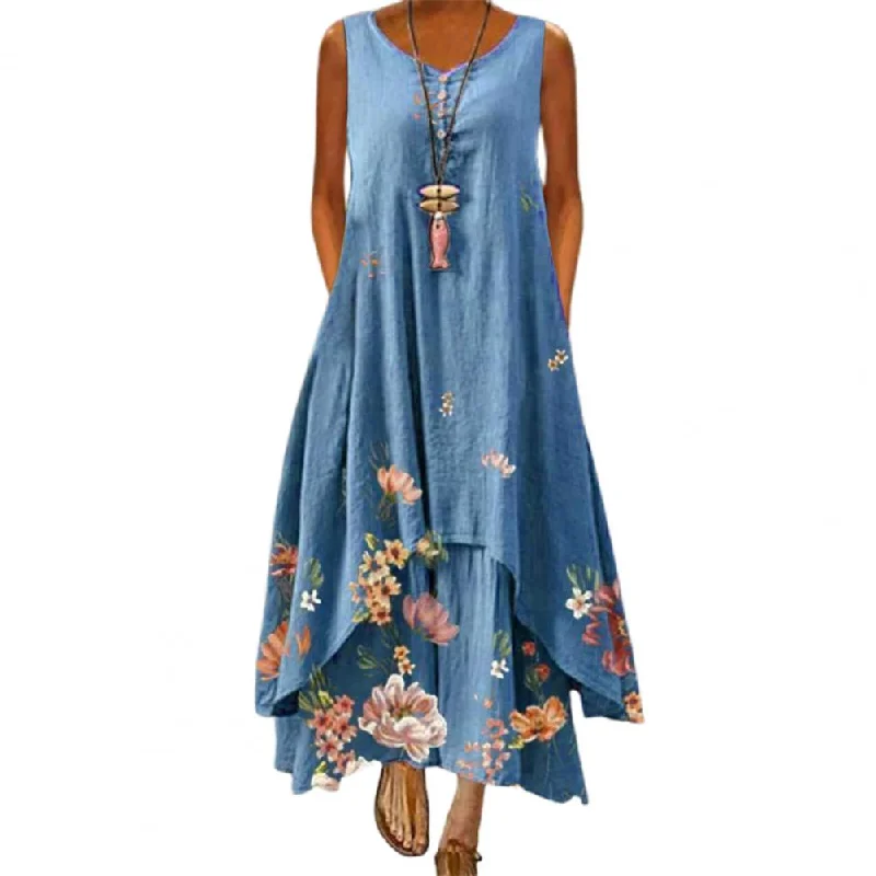 Sixsr Summer Dress Plus Size Floral Print Irregular Hem Women Buttons Round Neck Dress Women's Clothing Sleeveless Beach Maxi Dresses