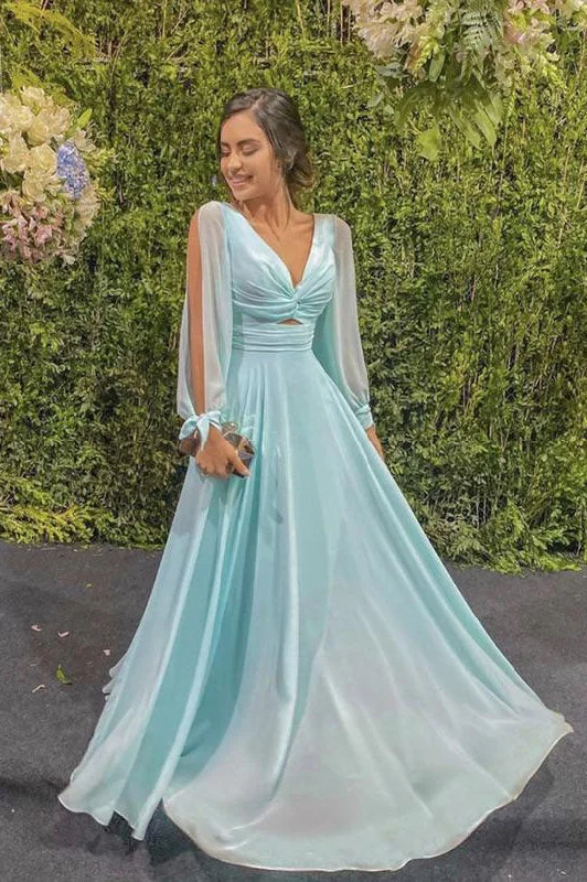 Unique Mint Green Long Sleeves Prom Dress A-Line   Evening Dress OK1217