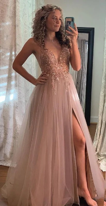 V-neck Long A Line Tulle Prom Dress with Beading Popular Eveing Dress Fashion Winter Formal Dress OK1060