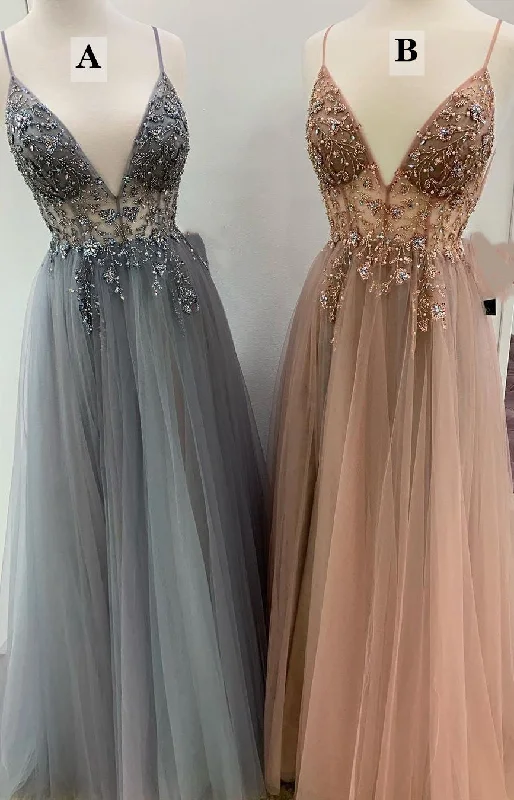 V-neck Long A Line Tulle Prom Dress with Beading Popular Eveing Dress Fashion Winter Formal Dress OK1060